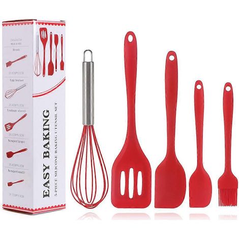 Set mit 5 antihaftbeschichteten Küchenutensilien aus Silikon zum Kochen und Backen.