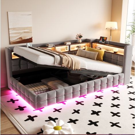 Multifunktionales Polsterbett Schlafsofa 90 × 200 cm, Mit Hydraulischem Stauraum, Holzregal, LED-Lichtleiste, Steckdose, USB- und Typ-C-Ladeanschlüssen, Lattenrost-Unterstützung, Samtstoff Hellgrau (1/5)