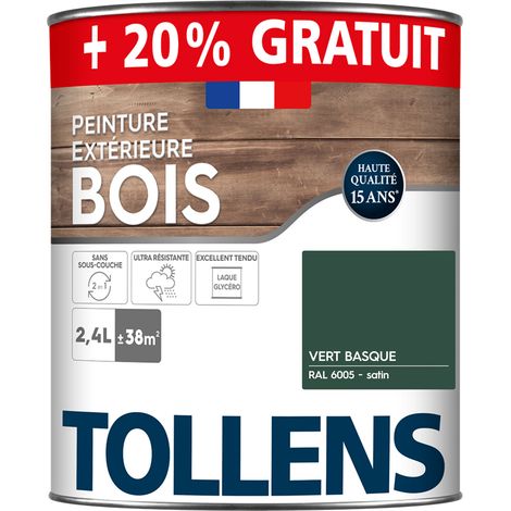 Tollens – Peinture extérieure bois 2 en 1 ultra résistante – Satin – Vert Basque RAL 9016 – 2,4L – Rendement 16m²/L pour boiseries extérieures