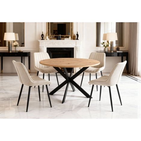 Table à manger ronde plateau effet bois pieds métal noir 120cm