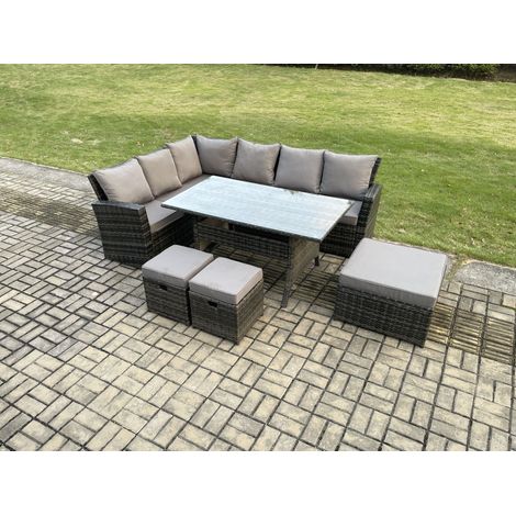 Fimous 9 Seater Garden Rattan Furniture Corner Dining Set with 3 Footstools Indoor Outdoor Lounge Sofa Set Dark Grey Mixed (1/5)