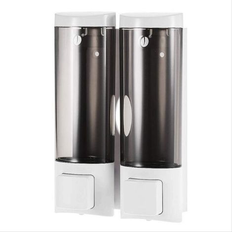 Dispenser di sapone, 200 ml x 2, dispenser manuale, dispenser di gel igienizzante per le mani a parete, dispenser di shampoo e bagnoschiuma, per bagno e toilette di hotel, bianco (1/5)