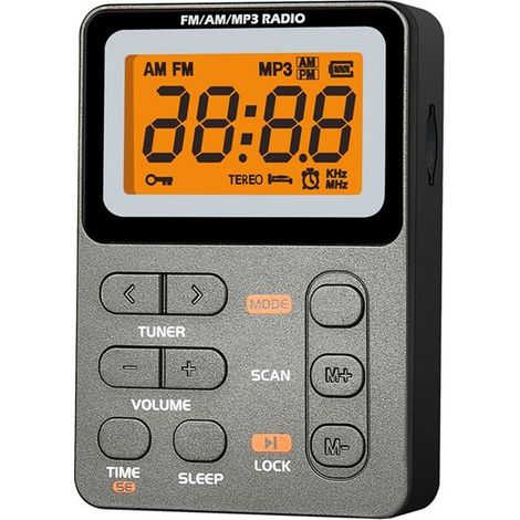 Radio de poche AM/FM multifonctionnelle avec écran LED, port de chargement USB-C, prise jack 3,5 mm, idéale pour les activités sportives en extérieur - Gris