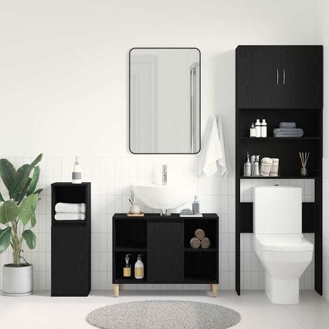 Meuble sous-vasque de salle de bain 80x33x60 cm, Bois d'ingénierie couleur chêne, Design moderne noir, Armoire lavabo avec rangement (1/5)