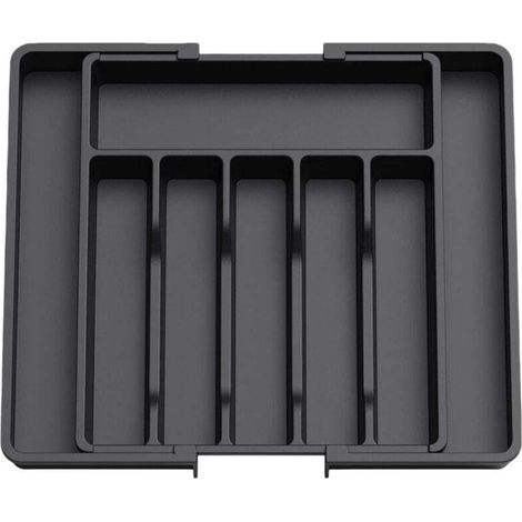 pair Organisateur de tiroir, plateau extensible pour ustensiles de cuisine, porte-couverts sans BPA, convient aux cuillères, fourchettes et couteaux, grande taille, noir. (1/4)