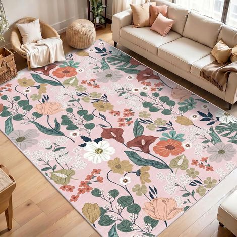 Grand tapis antidérapant à poils courts style bohème vintage pour salon, chambre à coucher, cuisine, entrée, salle à manger - Motif floral - Beige - 200 x 300 cm (1/5)