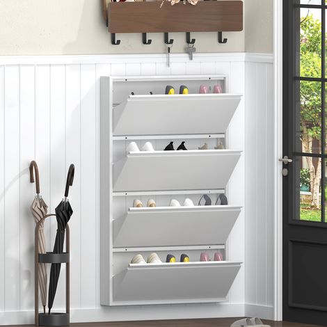 Meuble à chaussures métallique mural, 4 compartiments rabattables, rangement compact et fin pour couloir, organisateur discret, blanc (1/5)