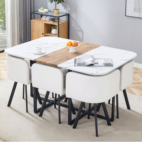 Ensemble table et chaises extensible 4 à 6 places en MDF, métal et cuir régénéré, blanc, noir et bois clair, chaises rangeables pour salle à manger – de FLORAGRACE (1/5)