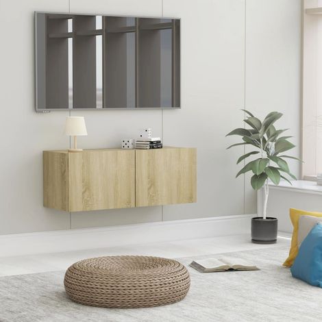 Meuble TV 2 Tiroirs : 80 X 30 X 30 Couleur Chêne. A suspendre au mur (1/5)