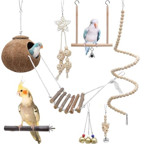 Jouet Oiseau - 7 Pièces - Bois Naturel - Mâcher Grimper - Perroquet Perruche - Accessoire Cage (1/5)