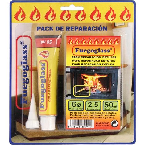 kit reparacion estufas/chimeneas, cola refractaria y cordon fibra vidrio 6 mm. x 2,5 m. (1/2)