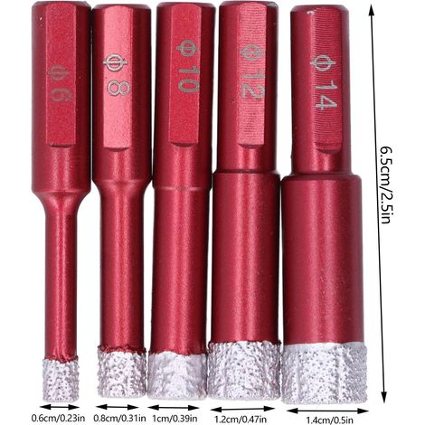 Ortviai Forets Diamant pour Carrelage et Granit – Lot de 5, Tiges Triangulaires, Usage Sec ou Humide, Diamètres 6 à 14 mm (1/4)