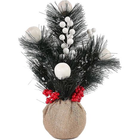 Mini-Weihnachtsbaum aus künstlichem Material, 30 cm (12 Zoll), mit künstlichen Tannennadeln und einem weißen Stoffbeutel mit Beerenmuster.