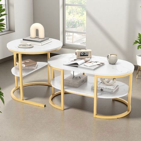 Couchtisch - Runde Beistelltische Duo - Nachbildung von weißem Marmor - Struktur aus goldenem Metall - Stapelbares, schlichtes Design