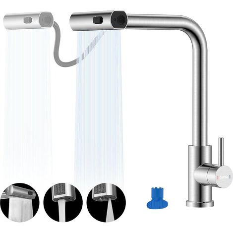 DAYONE Waterfall Kitchen Mixer Tap with Pull Out Spray, SUS304 Stainless Steel Sink Taps Mixer with 3 Functions, 360° Swivel Single Handle Kitchen Tap 1 Hole, UK G1/2 Kitchen Faucet, Brushed (1/5)