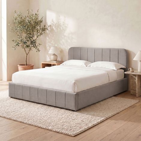 Lit coffre latéral 160x200 cm sommier + tête de lit en velours taupe (1/5)