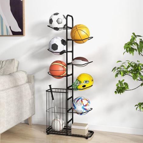 Étagère de Rangement pour Balles à 7 Niveaux Support de Basket-Ball avec 7 Tiges Amovibles et Panier Latéral Organisateur d'Équipement Sportif Noir (1/2)