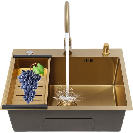Évier rectangulaire 60 x 45 cm avec égouttoir, évier de cuisine doré, évier de cuisine à cuve unique, évier encastrable avec robinetterie, acier inoxydable (1/5)