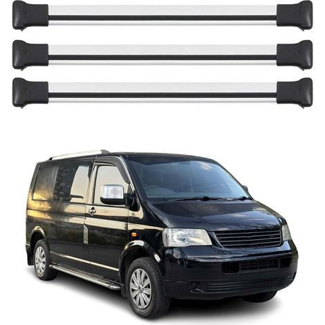 OMAC Barres de toit en aluminium compatibles avec VW T5 T6 T6.1 Transporter Multivan Caravelle 2003-2024 – Charge max 75 kg – 3 barres Argent (1/5)