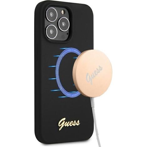 Guess GUHMP13LLSLMGBK iPhone 13 Pro / 136.1 schwarze/schwarze Hartschalen-Silikonhülle mit goldenem Logo und MagSafe-MagSafe-Funktion (1/5)