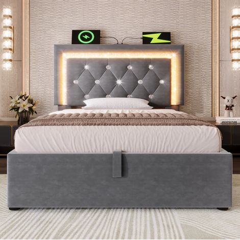 Letto imbottito 90x200 cm con LED, USB-C e USB, contenitore, materasso, grigio HAVRYA (1/5)