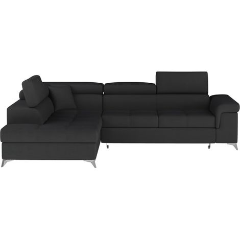 Canapé d'angle convertible tissu MARIDO - Coffre et appuis-tête réglables-Noir-angle gauche (1/5)