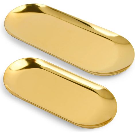Bandejas decorativas ovaladas de acero inoxidable de 2 piezas (doradas, de 18 cm y 22,7 cm), ideales para joyas, pasteles y velas. (1/3)