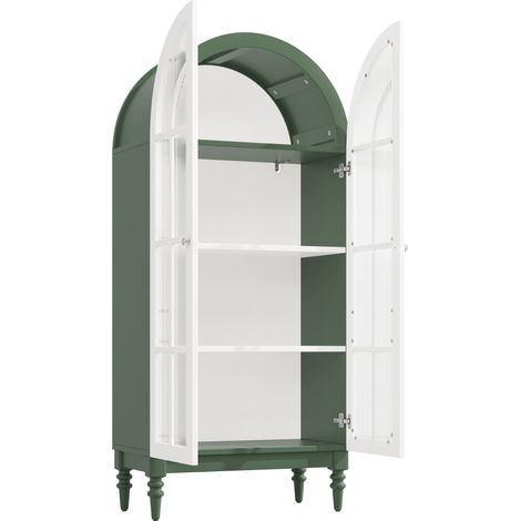 Vitrina arqueada de 165 cm con puertas dobles de vidrio estriado, 3 niveles, verde y blanco (1/5)