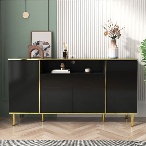 Aparador 150 x 40 x 80 cm negro brillante con 4 puertas, 1 cajón y LED DESVIAE (1/5)