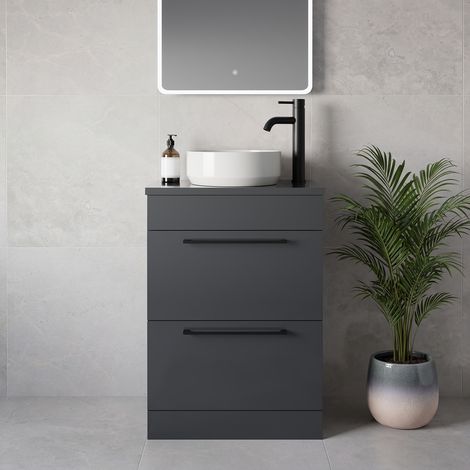 Napoli 390 Gloss Grey 600mm 2 Drawer Vanity Unit for Countertop Basins - 600mm - Matt Black 320mm Handle
