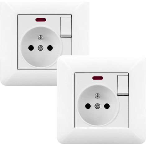 Lot de 2 Prise Électrique Murale 16A avec Interrupteur et LED – Prise Encastrable 240V Norme Française Blanc