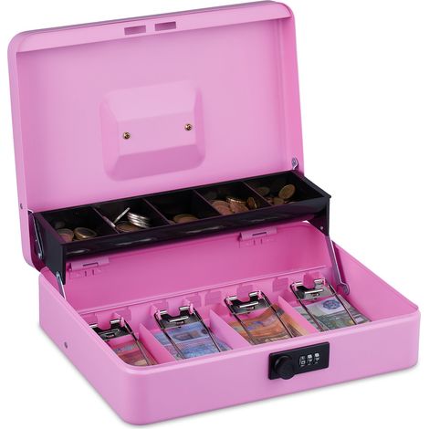 Relaxdays Cassetta con Combinazione Numerica a 3 Cifre, Porta Soldi con Inserto per Monete e 4 Scomparti, Ferro, Rosa