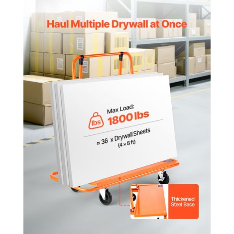 Chariot Porte-plaques de Plâtre, Charge 816,5 kg, Chariot Porte-panneaux de Cloisons Sèches à Large Plateforme, avec Roulettes Pivotantes 2 Freins, Sangle d'Arrimage, pour Transport, Orange (1/5)