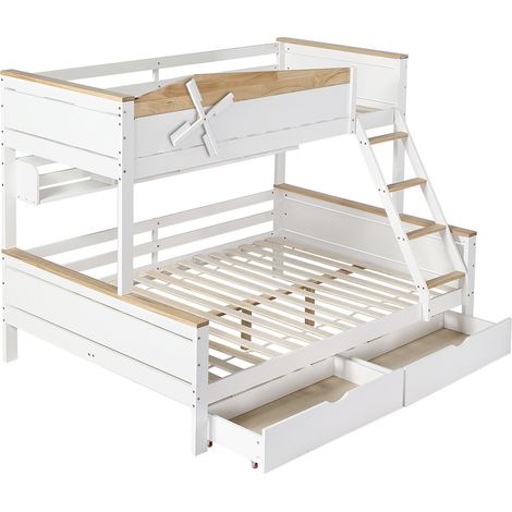 Lit superposé enfant avec moulin, étagères, tiroirs, pin et MDF, blanc naturel 90x200 et 140x200 (1/5)