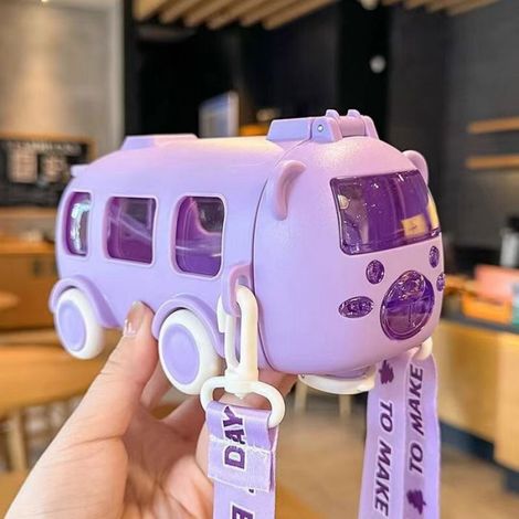 Bouteille À Eau Enfants - Forme D'autobus - 500 Ml - Avec Paille Et Sangle De Transport - Violet (1/4)