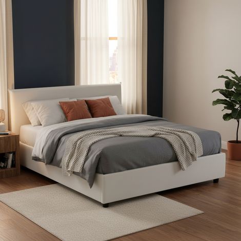 Dmora - Cama matrimonial Damia, Cama contenedor con tapizado en ecopiel, 100% Made in Italy, Apertura frontal, adecuado para colchón Cm 160x200, Blanco (1/4)