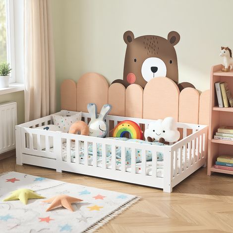 Kinderbett 90x190 cm, Bodenbett mit Rausfallschutz und Tür, Montessori Bett aus Massivem Kiefernholz, Geeignet für Kinder von 3–10 Jahren, Holz Weiß (Ohne Matratze)