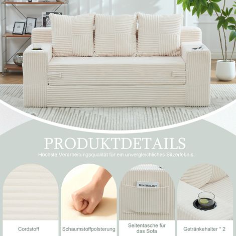 Dreier-Sofa aus Baumwoll- und Leinenstoff, mit Getränkehalter und seitlichen Taschen, kann in drei Sitzplätze umgewandelt werden, rahmenloser Design mit gestrickten Kissen und Rückenlehne, großes Sitz (1/5)