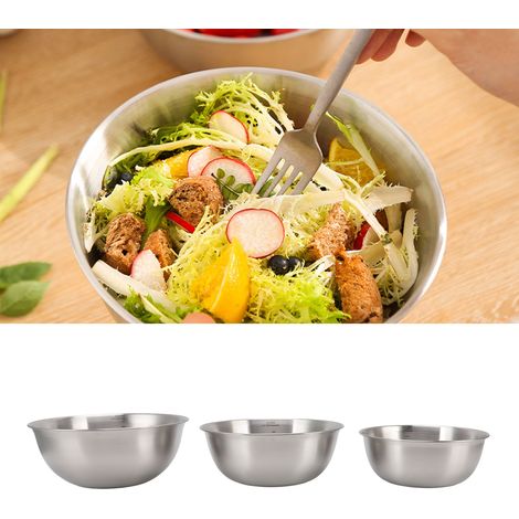 Ensemble de trois pièces dans une boîte colorée, en acier inoxydable 304, comprenant un saladier gradué, un panier à fruits, un bol à pâtisserie et un bol mélangeur. (1/5)