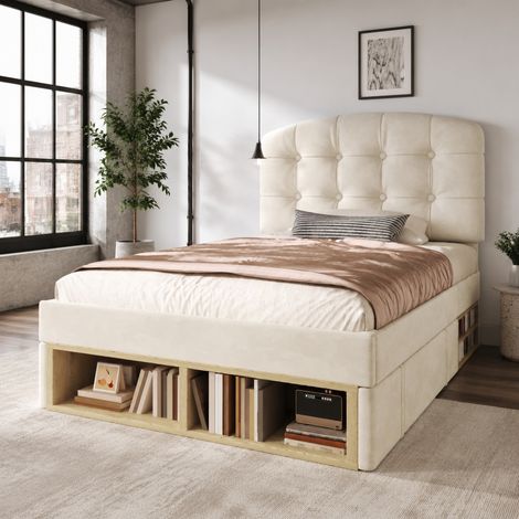 Bettgestell 90x200 cm Beige aus Samt mit höhenverstellbarem Kopfteil und Stauraum (1/5)