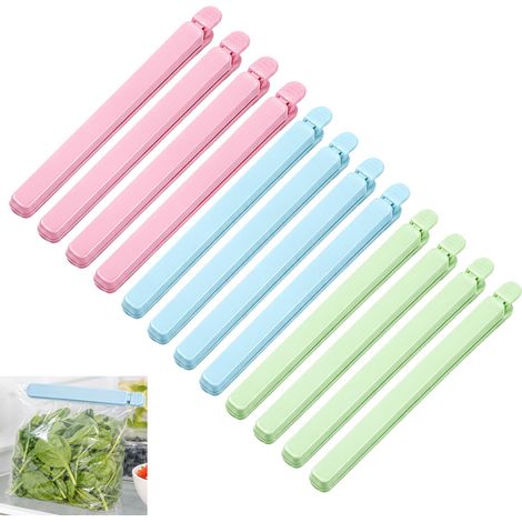 12 Pièces Clip Fermeture Sac 20 cm, Clip de Cuisine Fermeture Sachets Alimentaire Plastique, Pince Sac Cuisine Étanche pour Conservation Chips Pain Biscuits Céréales, 3 Rangement Couleurs (1/5)