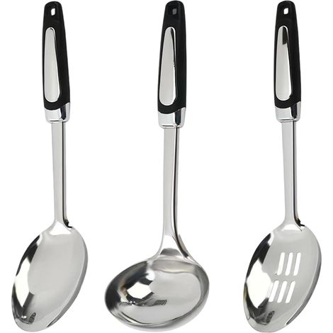 Set de 3 Cuillères de Cuisine en Acier Inoxydable, Ustensiles avec Manche Anti-chaleur – Inclus Louche, Cuillère Solide (1/5)
