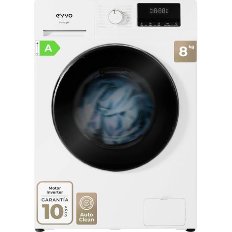 EVVO Lavadora 8 kg carga frontal Terra N8, 1400 rpm, Clase energética A, Motor eDRIVE inverter, 16 programas, Lavado Rápido 15', Inicio diferido, Blanco