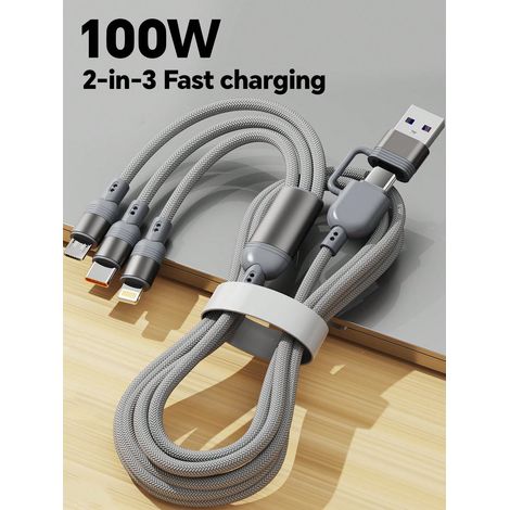 Câble de charge rapide 3-en-2 100W MAX, Câble USB A vers Type C/Lightning/Micro USB tressé en nylon, Compatible avec iPhone 16/15/14, Samsung S24/S23, Android, Huawei, Gris