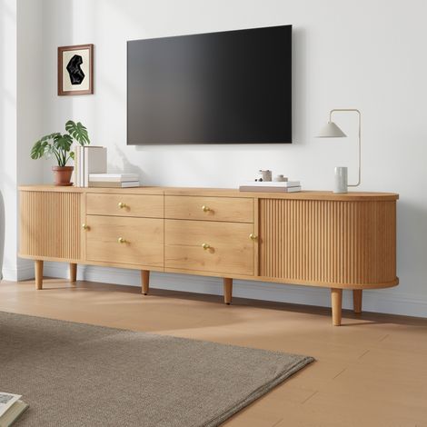 Mobile TV 180x35x50 cm con bordi arrotondati, ante scorrevoli a onda 3D, 4 cassetti, MDF e truciolare naturale (1/5)