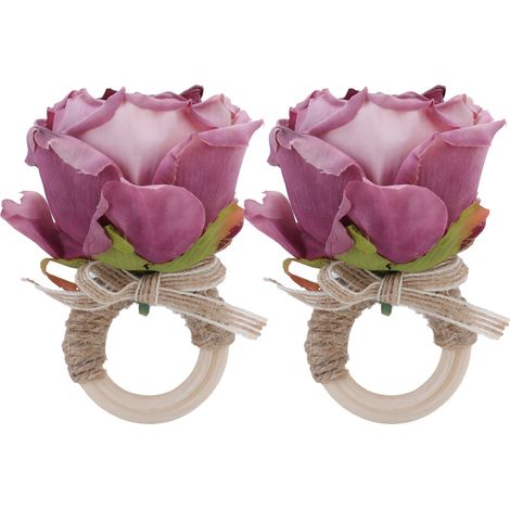 2 pièces d'anneaux de serviette en bois avec fleurs artificielles pour décoration de table de fête violet (1/5)