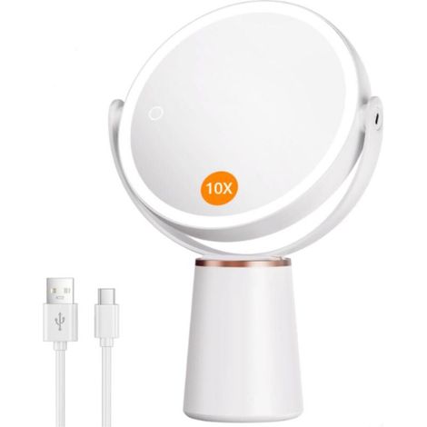 Blanc,Miroir Grossissant Lumineux 1X/10X Double Face, Miroir Grossissant sur Pied Rechargeable 2500mAh avec 3 Couleurs éclairage, 52 LED, Rotation 360° pour Maquillage, Soin du Visage (1/5)