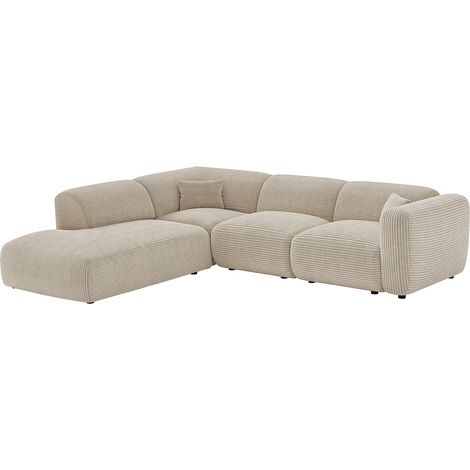 Grand canapé d'angle gauche avec dossier méridienne en velours côtelé beige POGNI de Maison Céphy (1/4)