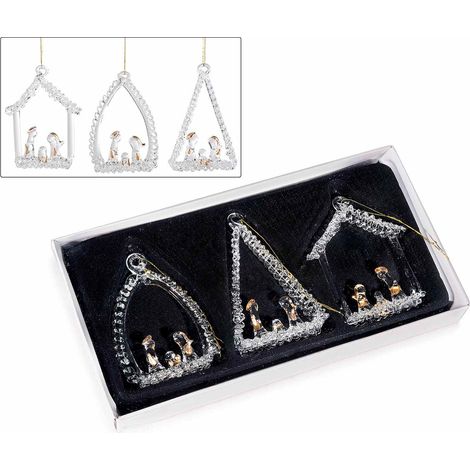 Crèche Sainte Famille en verre avec détails dorés à suspendre, boîte de 3, lot de 4, 5 x H. 8 cm