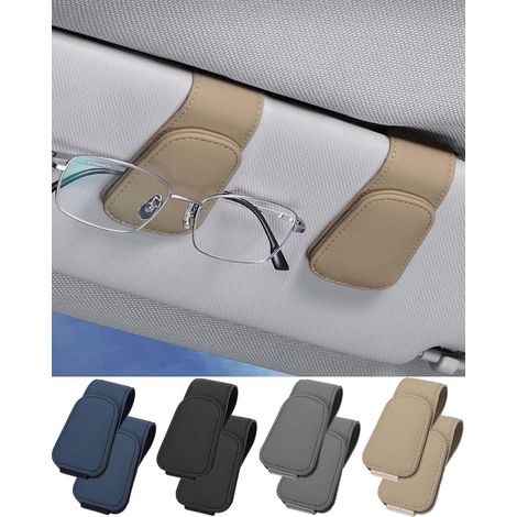 (Beige) 2-teiliger Brillenhalter für die Sonnenblende im Auto, Brillenhalterclip aus Leder für Sonnenbrillen (1/4)